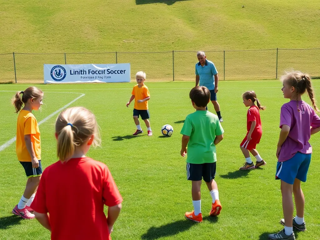A vibrant image of children participating in a soccer training session, showcasing teamwork and fun under the guidance of a coach. The background shows a well-maintained soccer field with the organization's logo subtly visible.