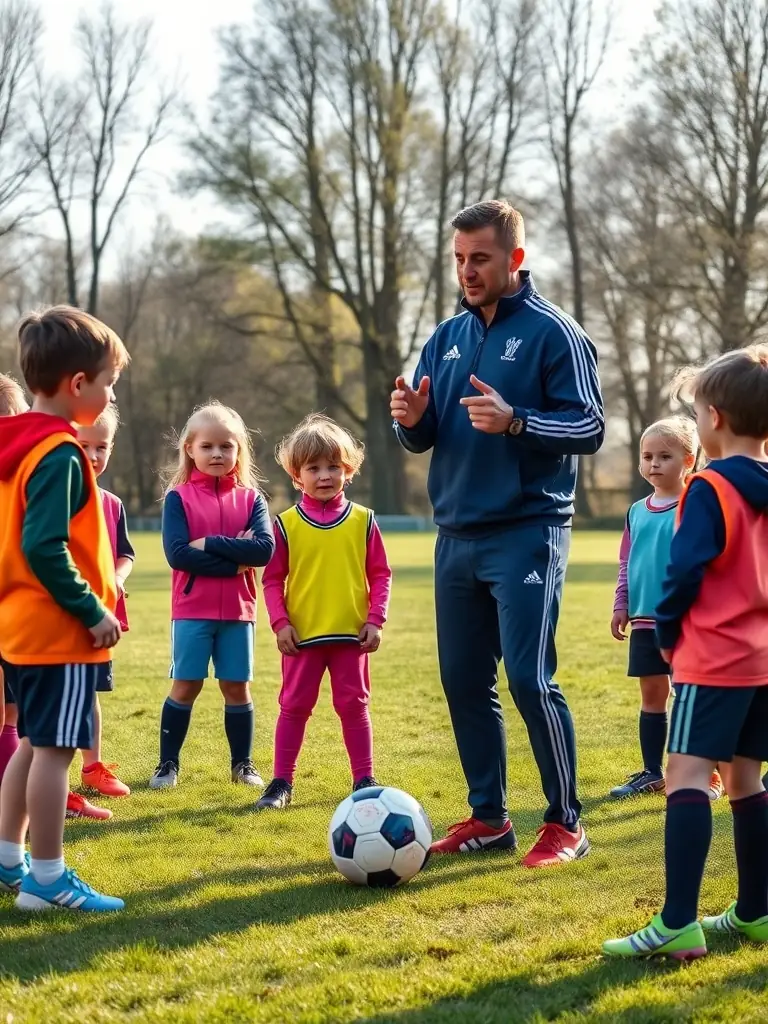 A coach guiding young athletes during a training session, emphasizing skill development and personal growth at UNION SPORTIVE DE LA VALLÉE DE LA SANTOIRE.
