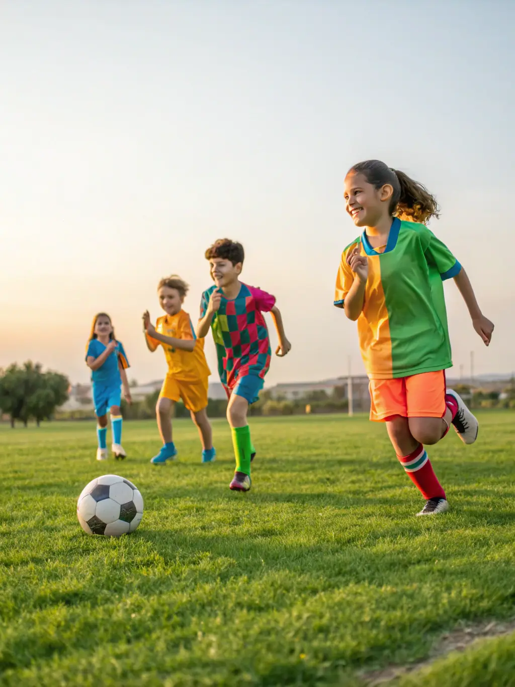 A vibrant image of children participating in a soccer training session, showcasing teamwork and fun.