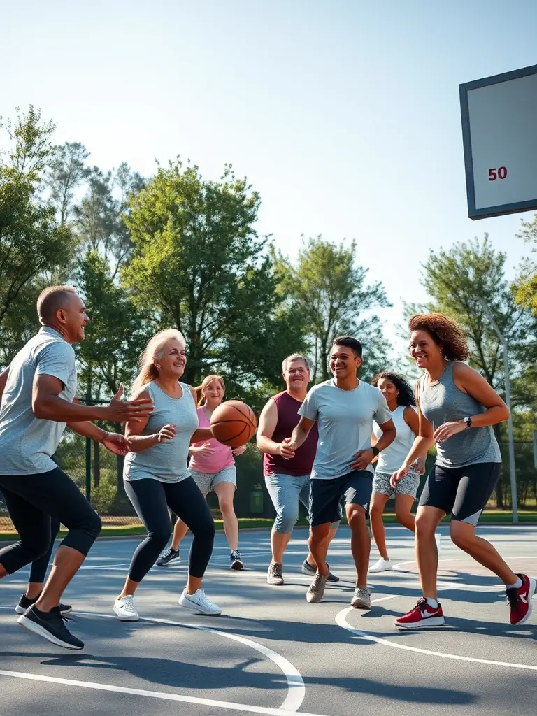 A group of adults playing a friendly basketball game in an indoor gymnasium, showcasing the inclusive and social nature of the program.