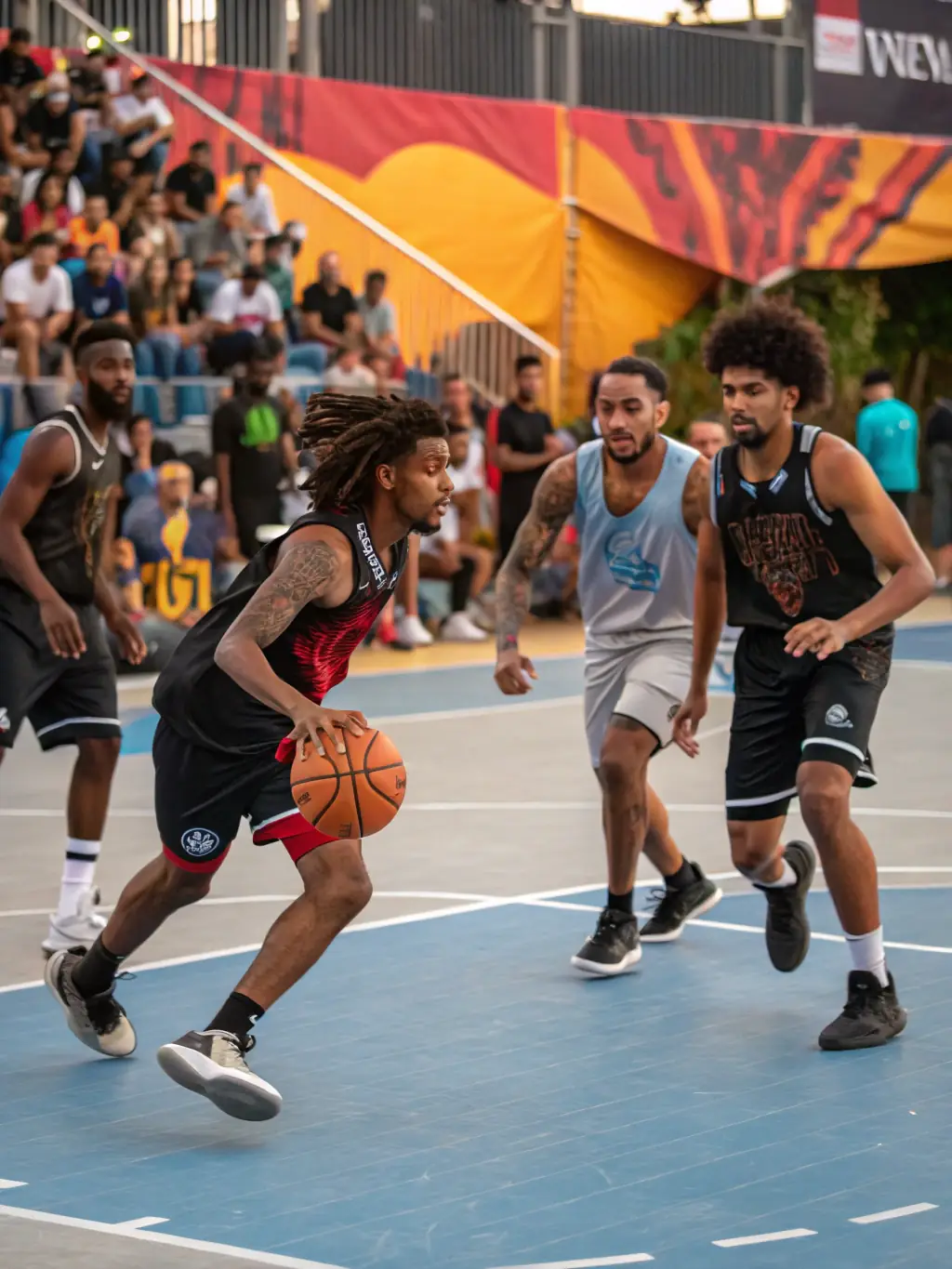 A group of people playing basketball in a well-lit indoor court, showing the excitement and energy of the game.