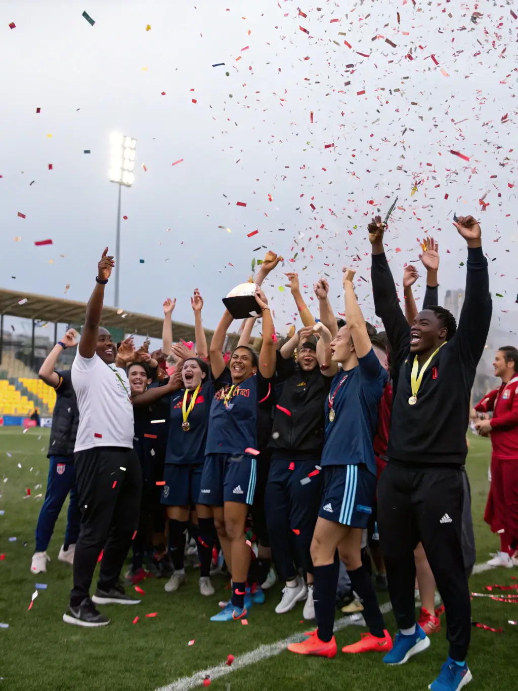A diverse team of athletes celebrating a victory, showcasing the teamwork and collaboration fostered by UNION SPORTIVE DE LA VALLÉE DE LA SANTOIRE.