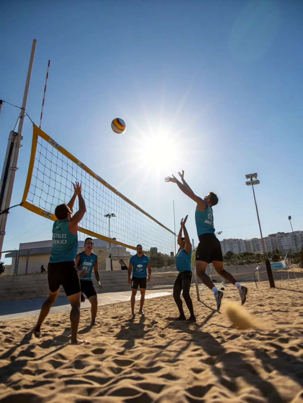 A dynamic image of adults playing volleyball, emphasizing fitness and social interaction.