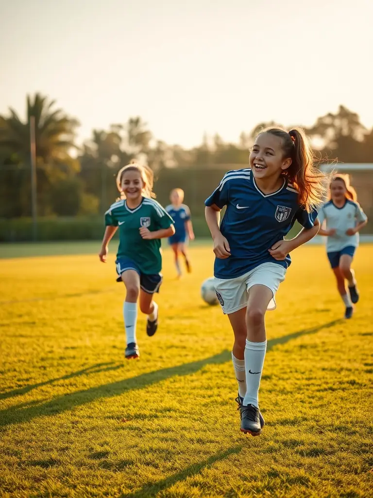 A group of children laughing and playing soccer together on a green field, representing the joy and camaraderie of team sports at UNION SPORTIVE DE LA VALLÉE DE LA SANTOIRE.