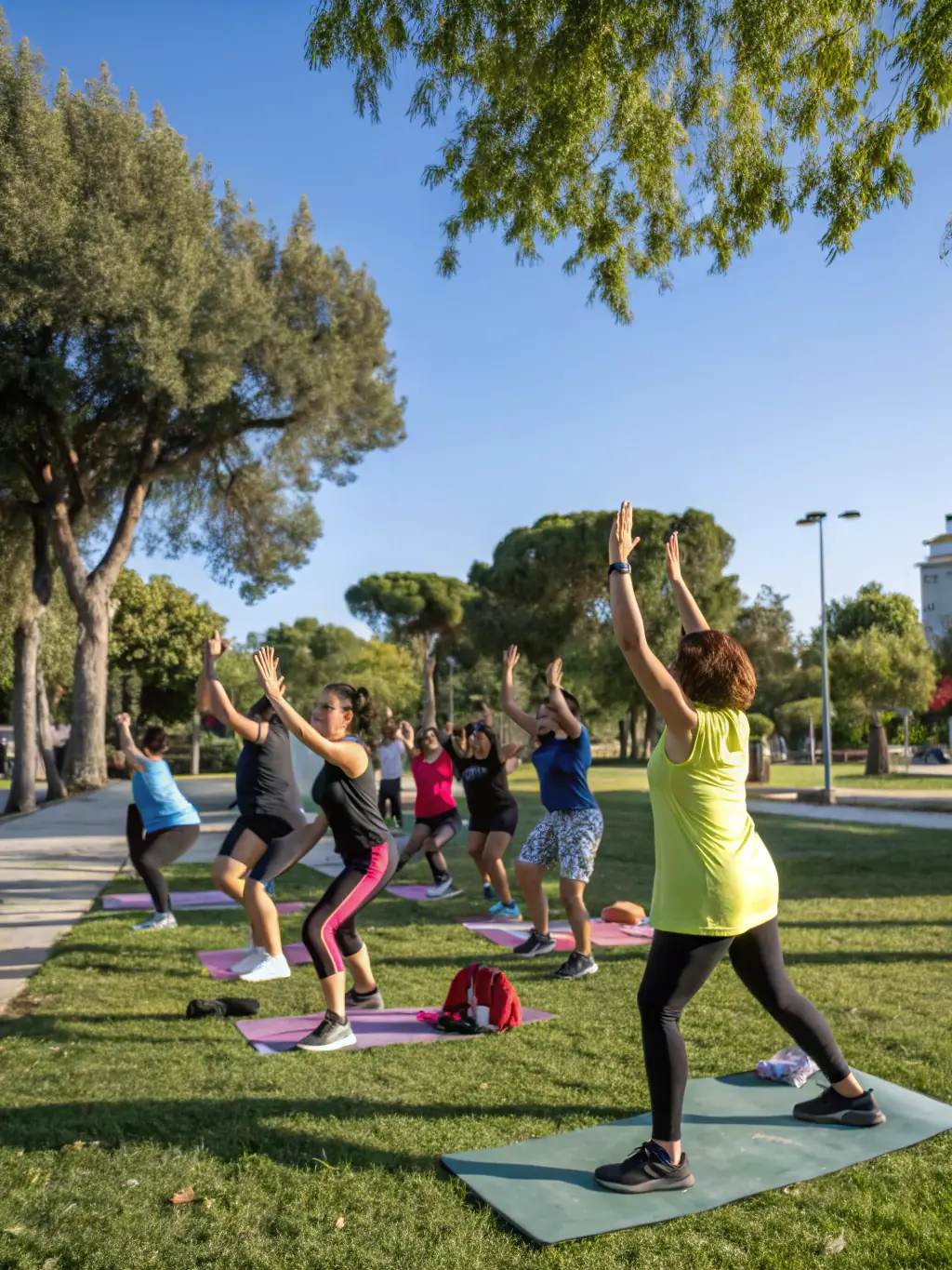 People of various ages participating in a fitness class outdoors, led by a certified instructor, emphasizing health and wellness.