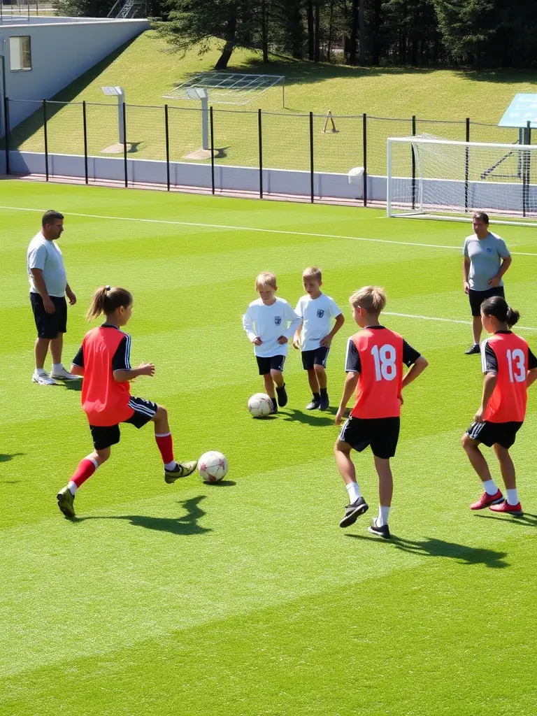 A dynamic image of children participating in a soccer training session, with a coach providing guidance and encouragement, set against the backdrop of the French countryside.