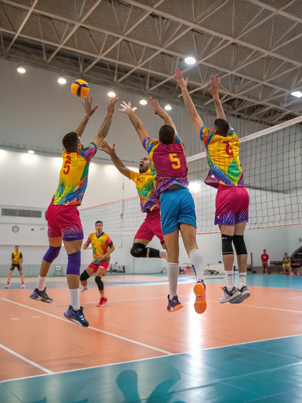 Participants in a volleyball match, demonstrating teamwork and coordination, with spectators cheering from the sidelines.