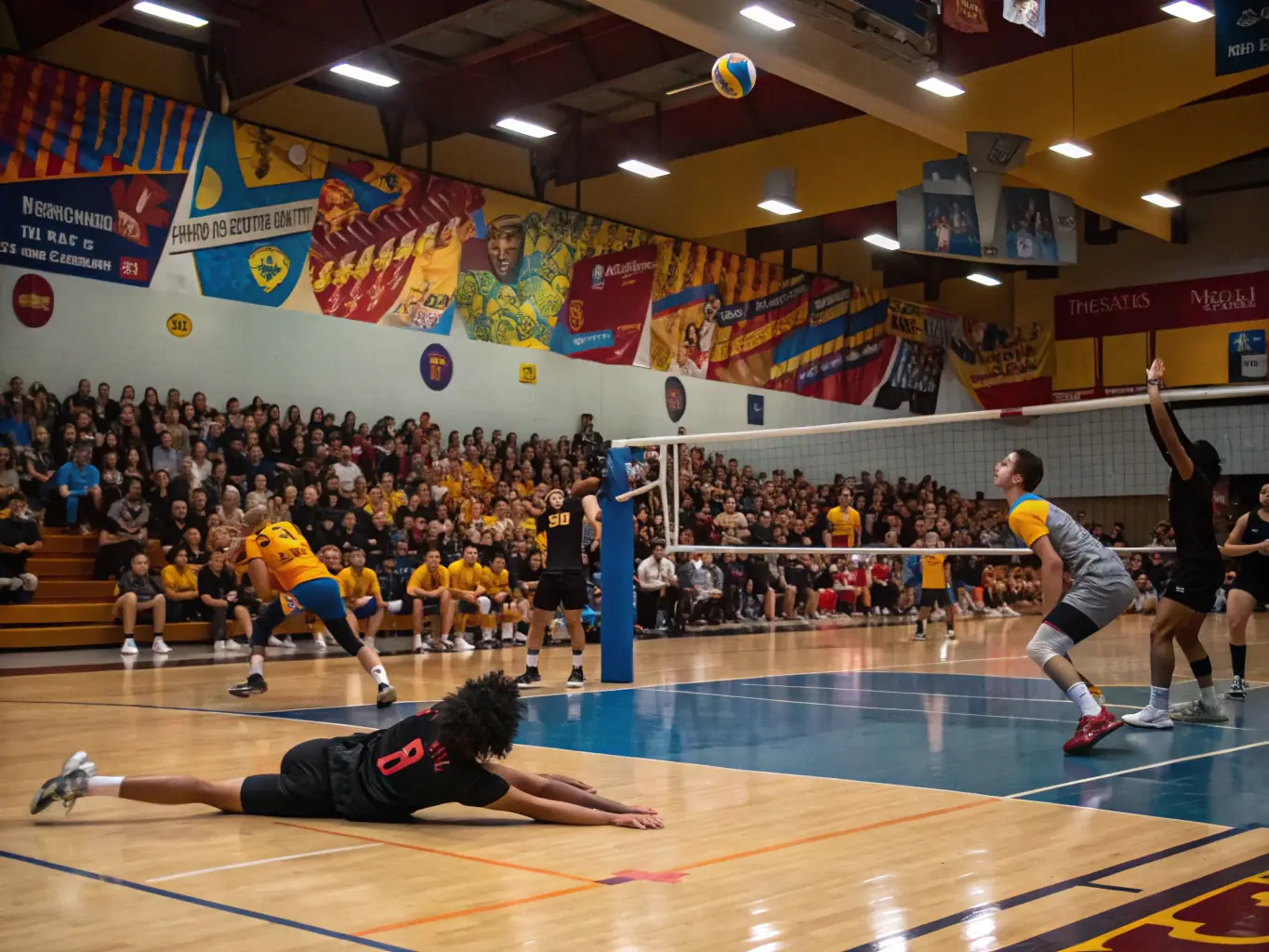 A dynamic image of a volleyball match in progress, with players demonstrating skill and teamwork. The setting is a well-lit indoor sports hall, emphasizing the competitive yet friendly atmosphere of the event.
