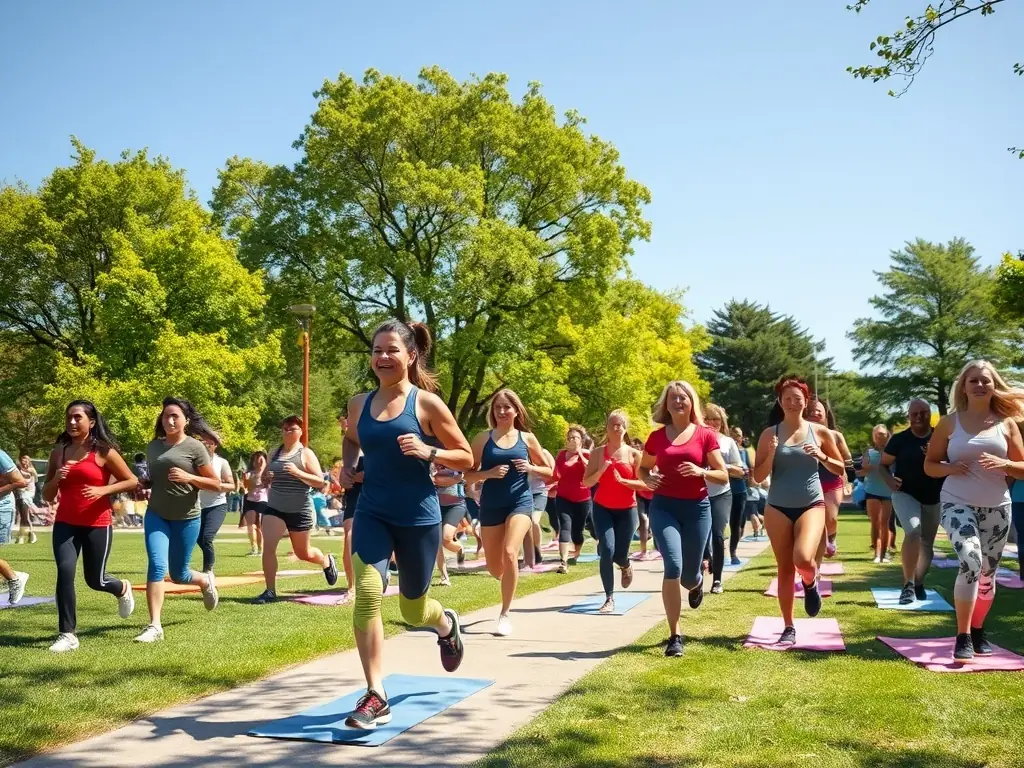 An image of adults participating in a fitness class outdoors, led by a certified instructor. The participants are engaged in various exercises, with a focus on promoting health and wellness in a community setting.